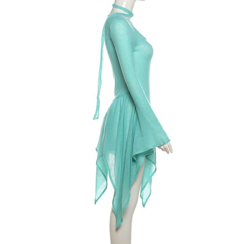 Enchanting Aqua Ruffle Knit Mini Dress - Whimsical Asymmetrical Fall Tunic