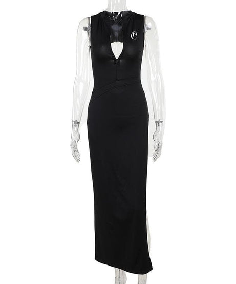 Sleek Black Bodycon Maxi Dress with V-Neck Zipper & High Slit | Backless Fall & Holiday Party Gown