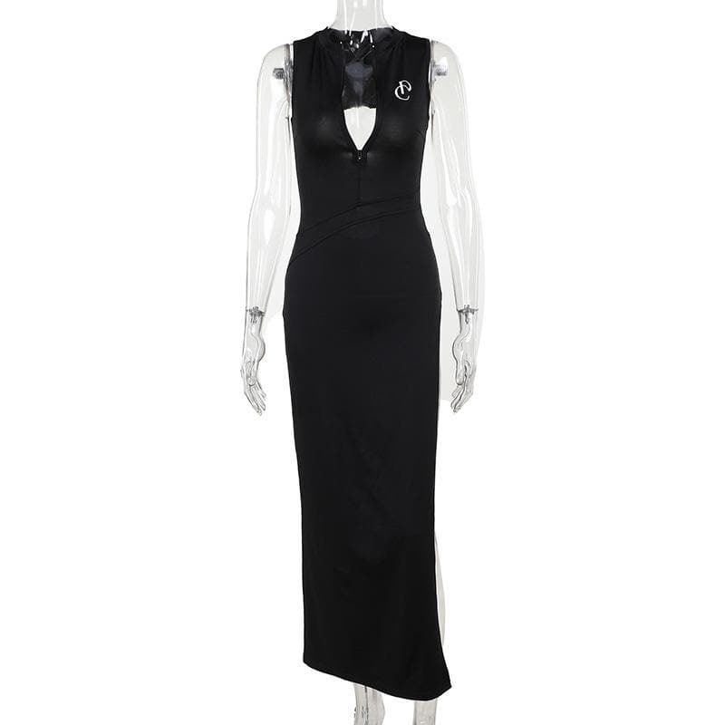 Sleek Black Bodycon Maxi Dress with V-Neck Zipper & High Slit | Backless Fall & Holiday Party Gown