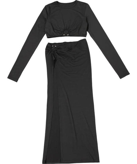 Fall/Holiday Glam: Chic Black Long Sleeve Crop Top & High-Slit Maxi Skirt Two-Piece Set