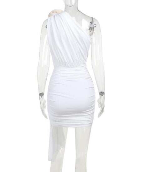 Chic White One-Shoulder Floral Ruched Mini Dress - Holiday Party & New Year's Eve Ready