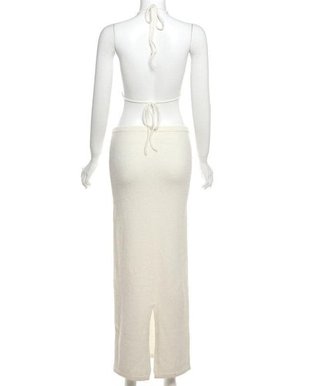 Boho Bloom Knit Halter Crop Top & Maxi Skirt Set - Cream Floral Two-Piece for Fall & Winter Getaways