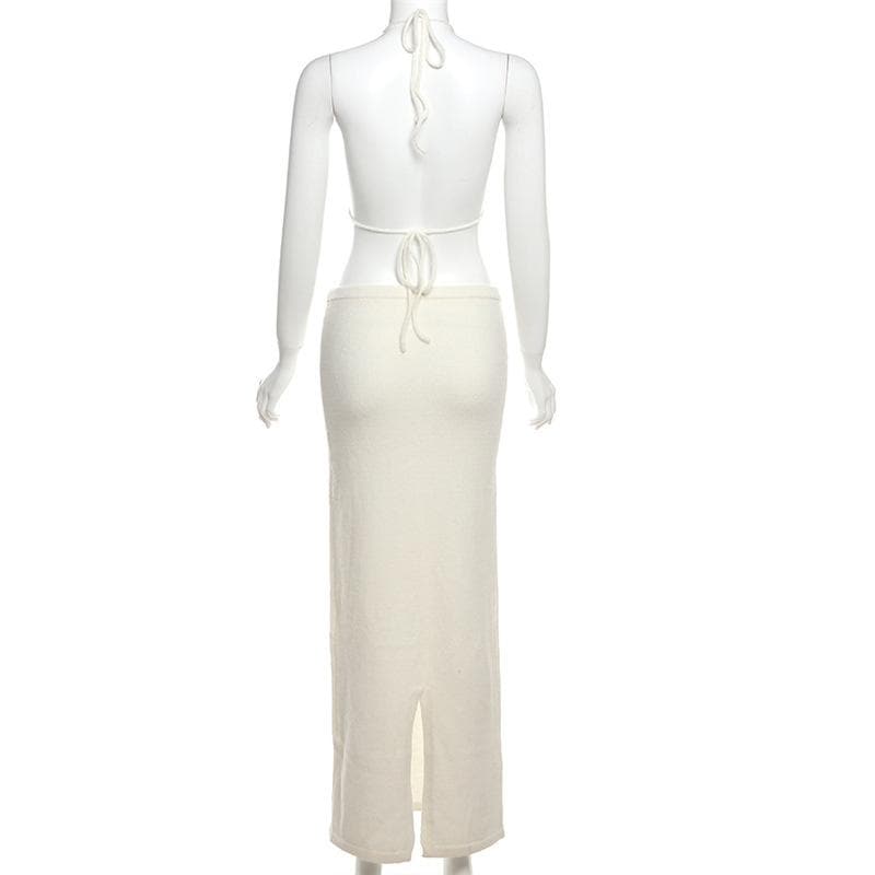 Boho Bloom Knit Halter Crop Top & Maxi Skirt Set - Cream Floral Two-Piece for Fall & Winter Getaways