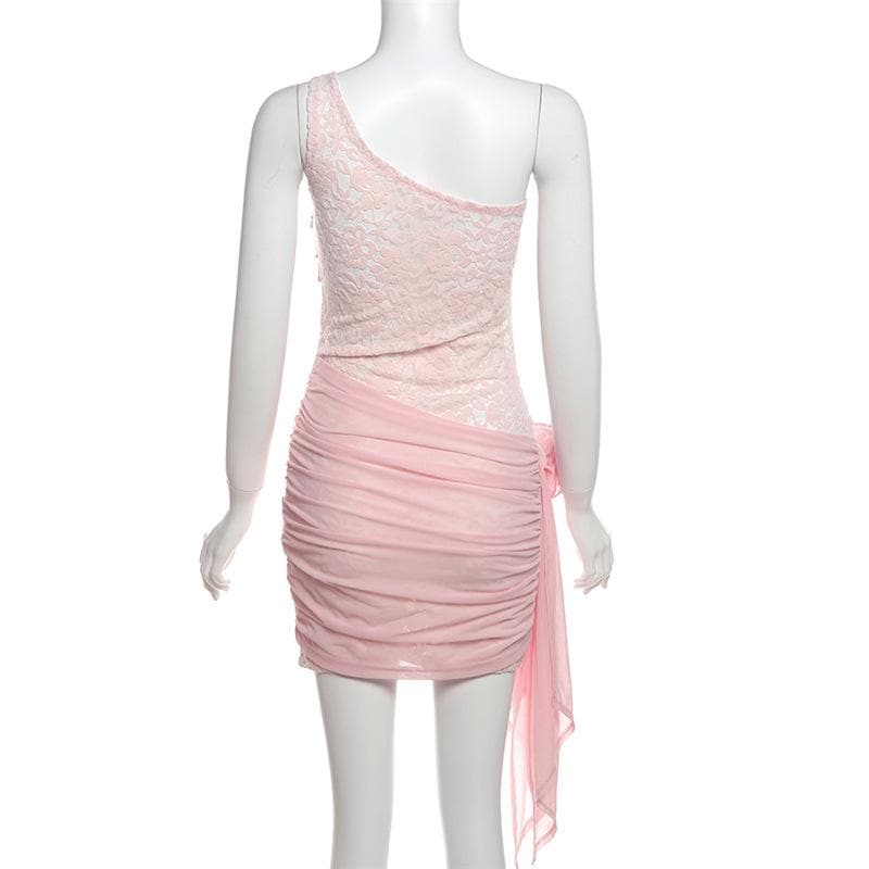 Stunning Pink Lace One-Shoulder Mini Dress with 3D Floral Appliques - Your Fall & Holiday Party Must-Have