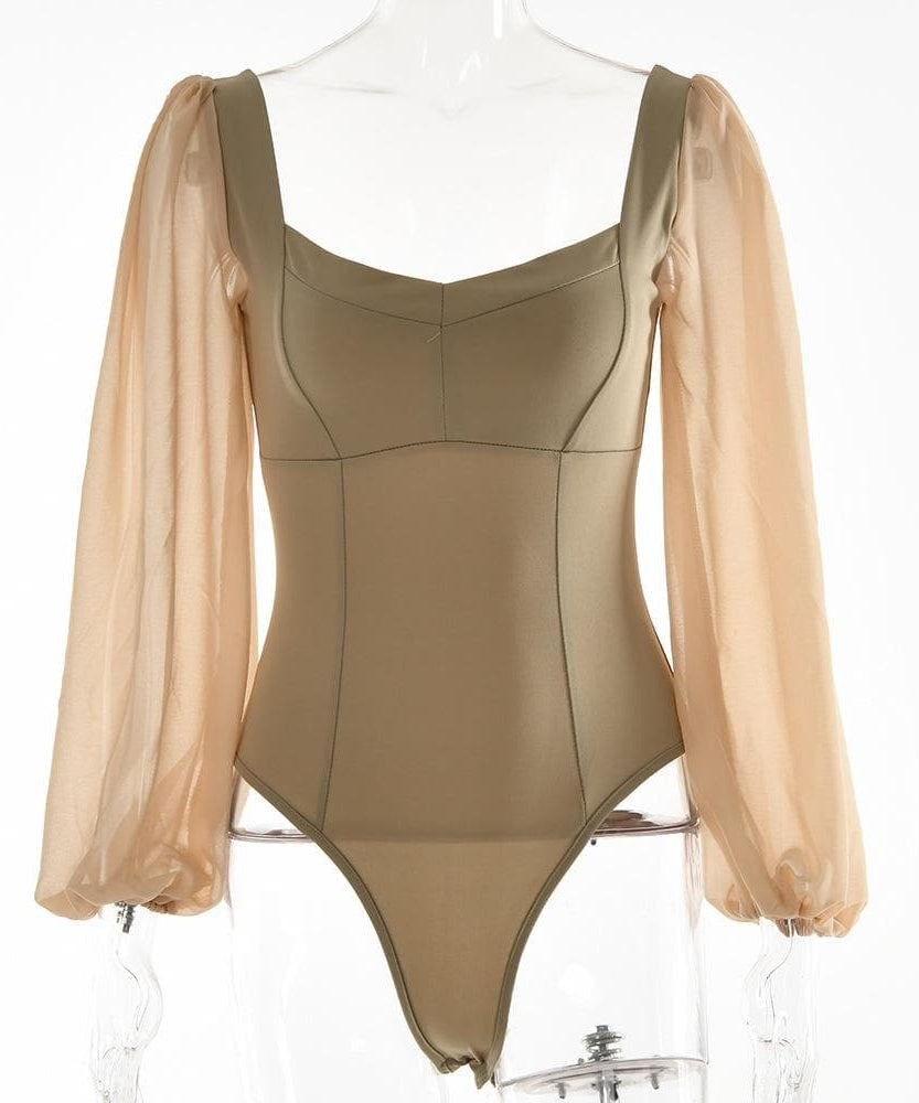 Effortless Elegance: Backless Sweetheart Bodysuit with Sheer Puff Sleeves | Fall & Holiday Chic