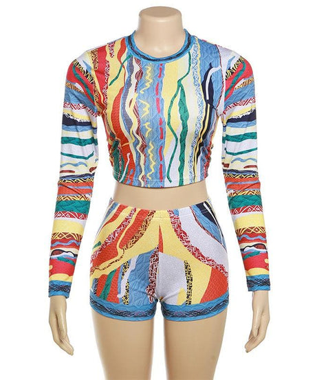 Vibrant Coogi-Inspired Long Sleeve Crop Top & Shorts Set - Chic Fall Loungewear for Women