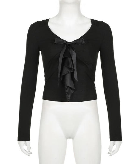 Elevated Fall Chic: Black V-Neck Long Sleeve Top with Satin Ruffle Detail