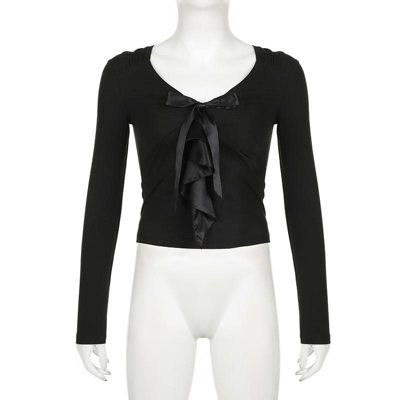 Elevated Fall Chic: Black V-Neck Long Sleeve Top with Satin Ruffle Detail