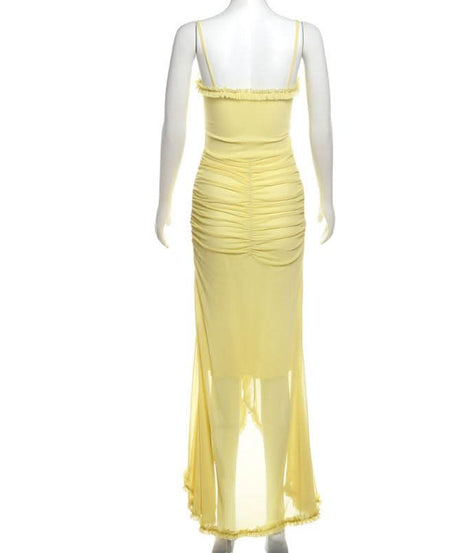 Sun-Kissed Radiance: Yellow Ruffle Mesh Backless Maxi Dress - Your Vacation & Event Essential