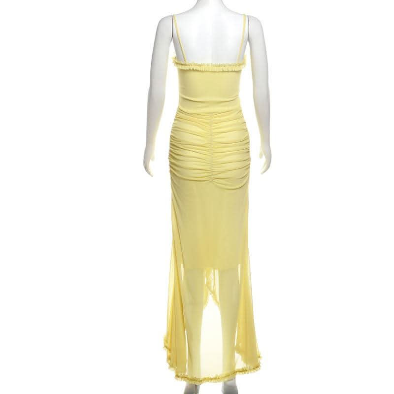 Sun-Kissed Radiance: Yellow Ruffle Mesh Backless Maxi Dress - Your Vacation & Event Essential