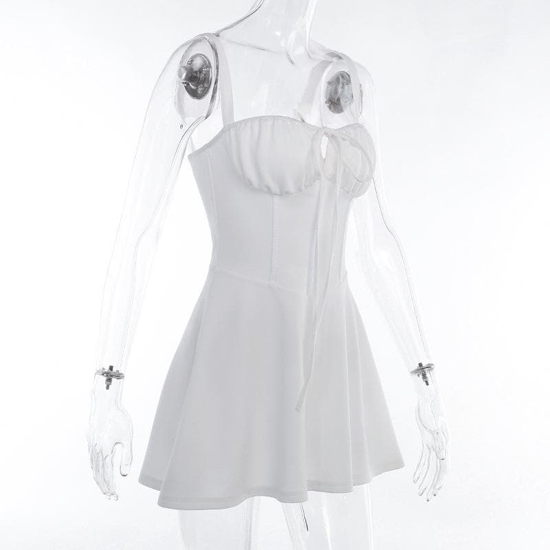 White Drawstring Ruched Bustier Mini Dress - Flirty Cami Cutout for Parties, Vacations & Halloween