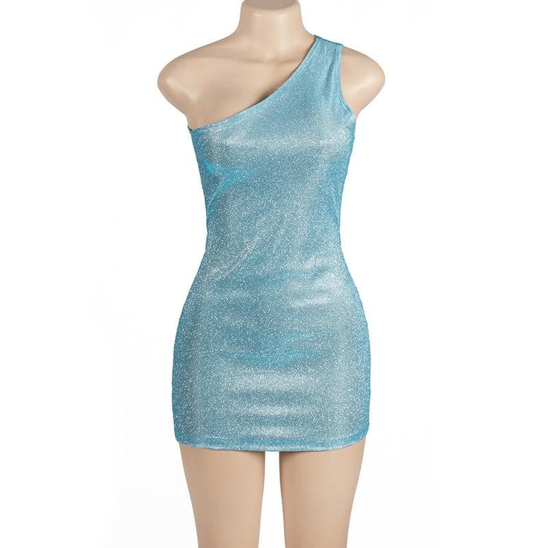 Dazzling Sky Blue Glitter One-Shoulder Bodycon Mini Dress - Fall & Holiday Party Ready