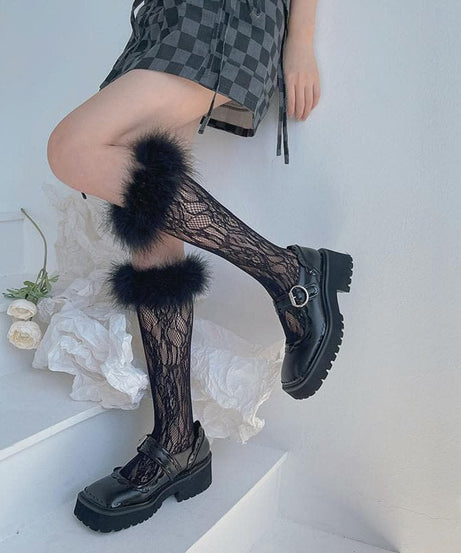 Spooky Chic Feather Trim Lace Knee-High Socks - Fall & Halloween Essential