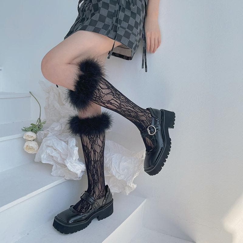 Spooky Chic Feather Trim Lace Knee-High Socks - Fall & Halloween Essential