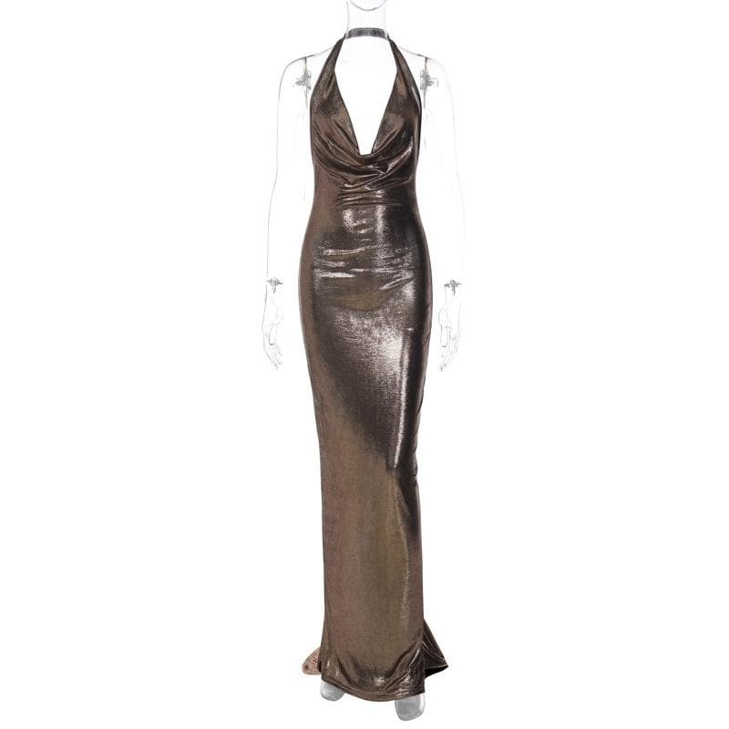 Radiant Liquid Bronze Halter Maxi Gown - Your Glamorous Pick for Holiday Parties & NYE