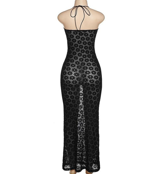 Black Floral Sheer Halter Maxi Dress with O-Ring Cutouts - Y2K Style for Fall Parties & Nights Out