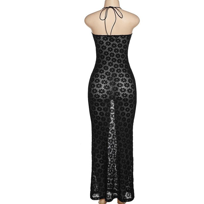 Black Floral Sheer Halter Maxi Dress with O-Ring Cutouts - Y2K Style for Fall Parties & Nights Out