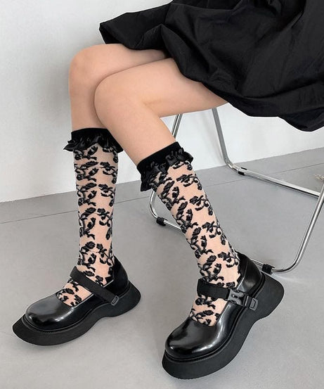 Enchanting Black Floral Mesh Ruffle Knee-High Socks – Perfect for Fall & Spooky Season Style