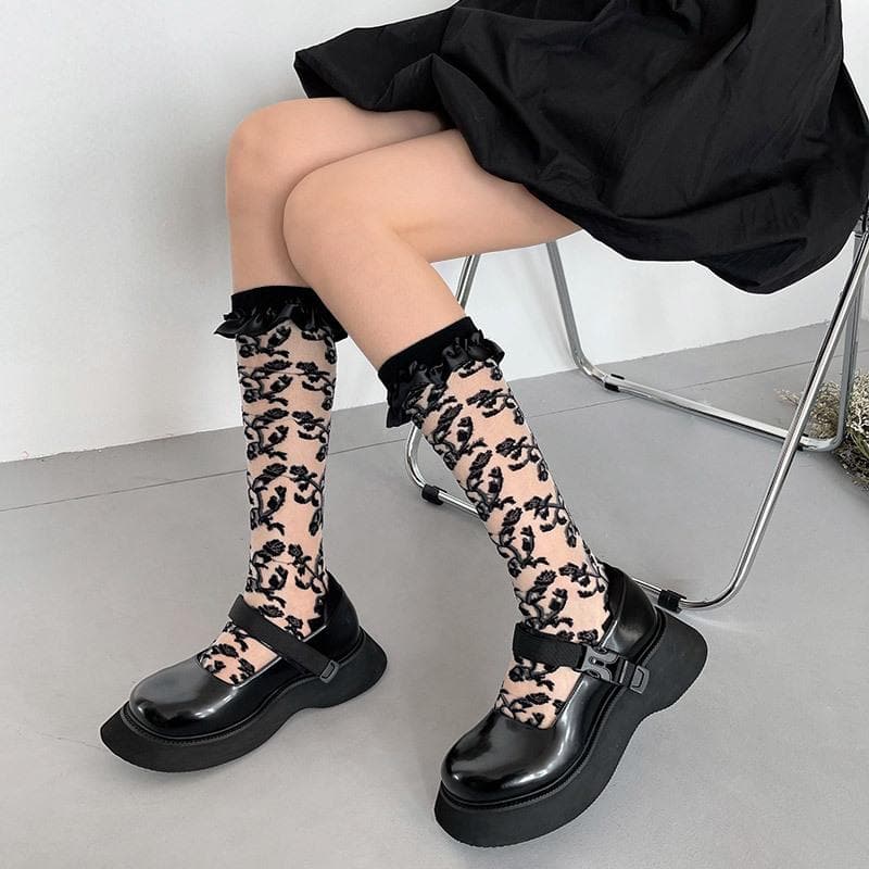 Enchanting Black Floral Mesh Ruffle Knee-High Socks – Perfect for Fall & Spooky Season Style
