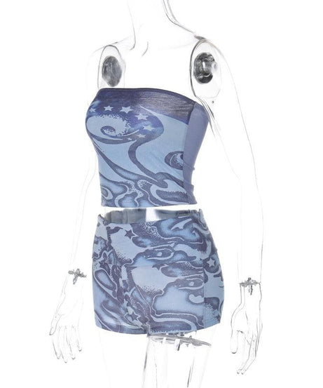 Y2K Celestial Swirl Tube Top & Shorts Set - Trendy Fall Transition Co-ord