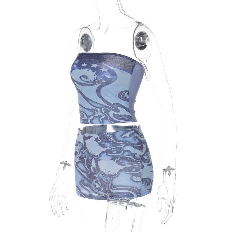 Y2K Celestial Swirl Tube Top & Shorts Set - Trendy Fall Transition Co-ord