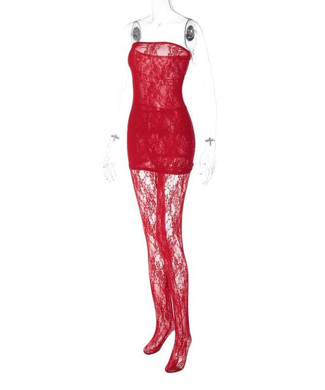 Seductive Black Lace Tube Mini Dress & Sheer Tights Set - Halloween, Party & Date Night Ready