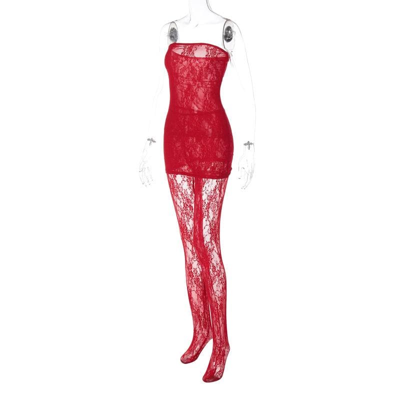 Seductive Black Lace Tube Mini Dress & Sheer Tights Set - Halloween, Party & Date Night Ready