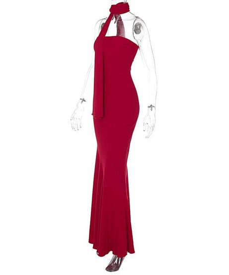 The Holiday Siren: Red Strapless Mermaid Maxi Dress with Elegant Shawl