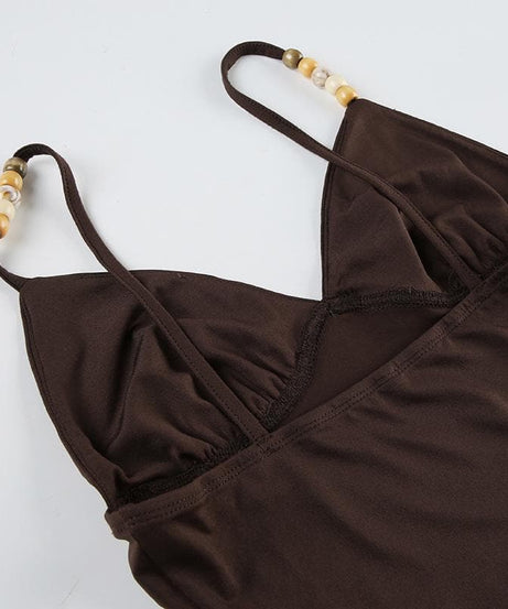 Fall Chic Espresso Cami Top: Pearl & Wood Beaded V-Neck Cropped Tank