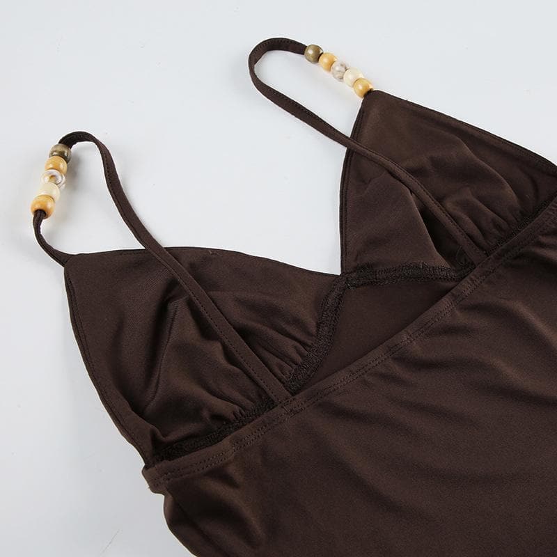 Fall Chic Espresso Cami Top: Pearl & Wood Beaded V-Neck Cropped Tank