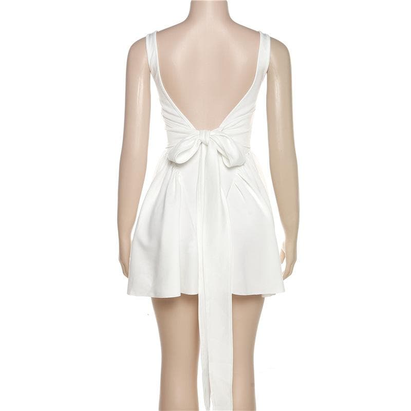 Chic White Square Neck Mini Dress - Ruched Side Tie & Backless Detail - Fall Party Ready