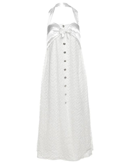 Dreamy White Halter Midi Dress with Satin Bow & Textured Floral – Your Vacation & Spring/Summer Escape