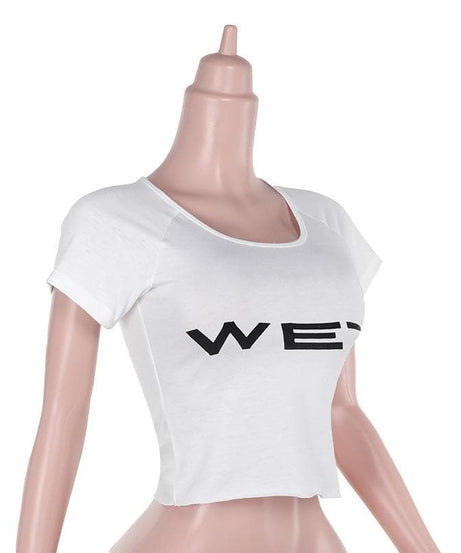 "WET" Statement Crop Top | Y2K Scoop Neck Raglan Tee for Fall & Halloween