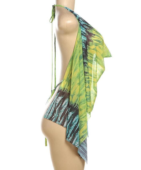 Vibrant Jungle Print Halter Top | Chic Cowl Neck Mesh for Resort & Fall Getaways
