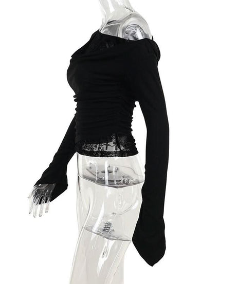 Fall Nights Edgy Chic: Black Lace & Mesh Off-Shoulder Long Sleeve Top for Women
