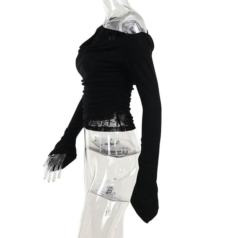 Fall Nights Edgy Chic: Black Lace & Mesh Off-Shoulder Long Sleeve Top for Women
