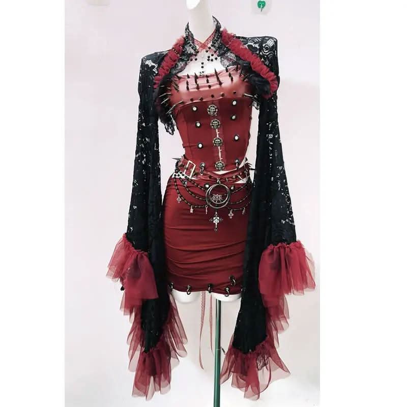 Rebel Rose Goth-Glam Corset Mini Dress & Lace Shrug Set - Your Ultimate Halloween & Fall Party Statement