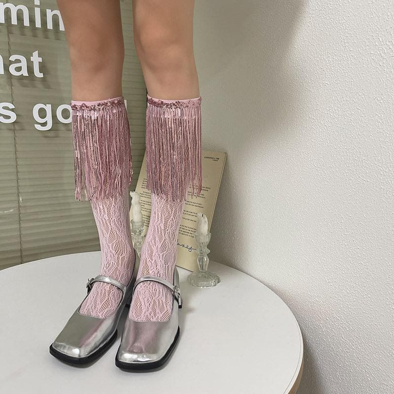 Dazzling Silver Fringe & Lace Ankle Socks – Your Ultimate Holiday Party Statement!