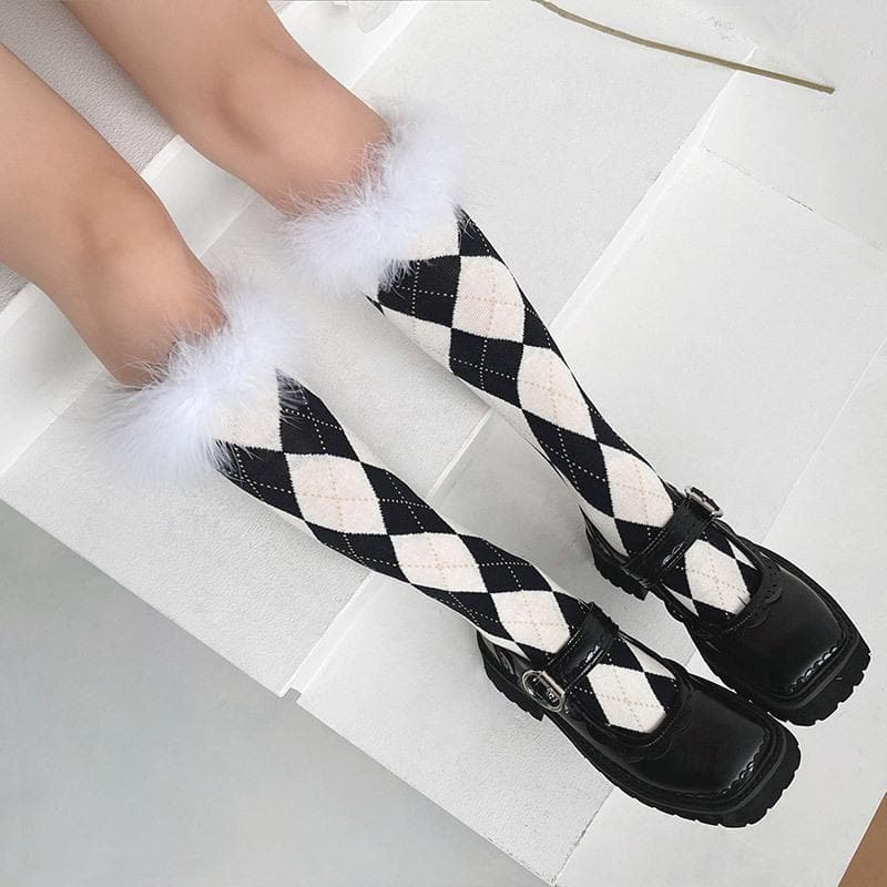 Cozy Chic Argyle Knee-High Socks with Faux Feather Trim | Fall & Holiday Style