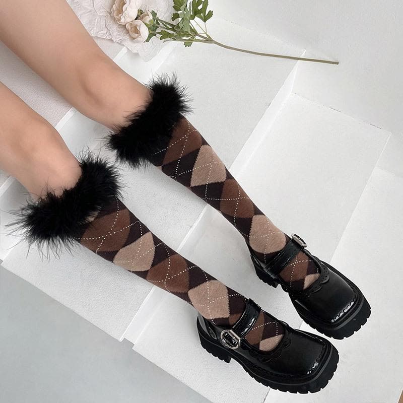 Cozy Chic Argyle Knee-High Socks with Faux Feather Trim | Fall & Holiday Style