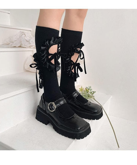 Vintage Chic Ruffled Bow Cut-Out Knee High Socks - Fall & Goth Academia Ready