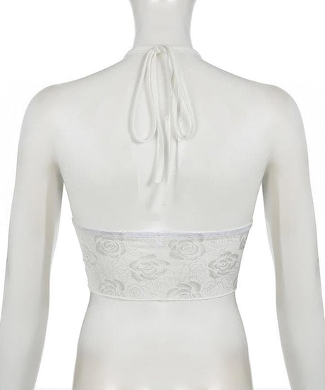 Enchanting White Rose Lace Halter Crop Top - Y2K Romantic Style for Fall & Halloween