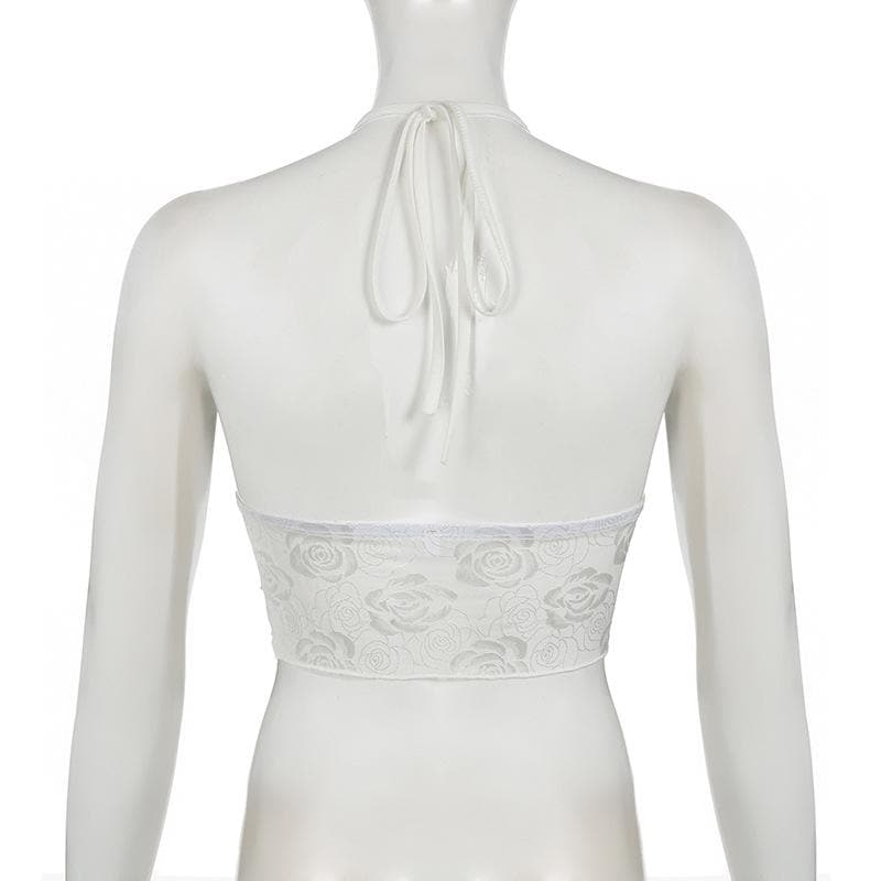 Enchanting White Rose Lace Halter Crop Top - Y2K Romantic Style for Fall & Halloween