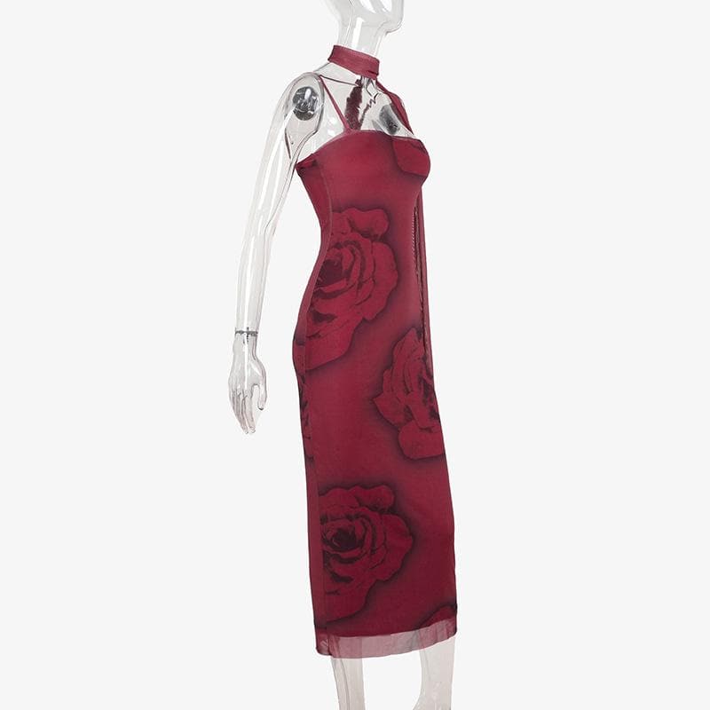 Romantic Rose Mesh Cami Midi Dress | Elegant Ruffle Backless for Fall & Holiday Parties