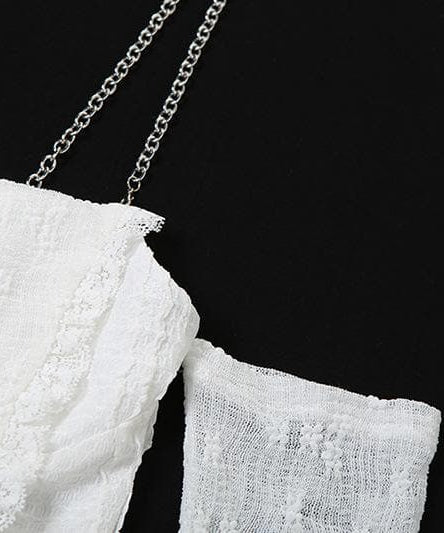 Edgy Glam Chain Strap Off-Shoulder Top with Sheer Floral Arm Warmers - Your Fall Party Statement