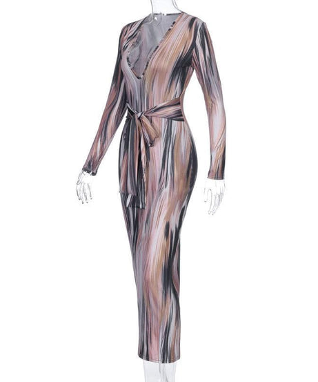 Chic Fall Abstract Print Maxi Dress | Deep V-Neck, Tie-Waist & Long Sleeve