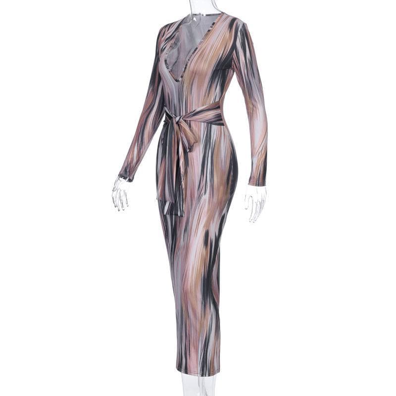 Chic Fall Abstract Print Maxi Dress | Deep V-Neck, Tie-Waist & Long Sleeve