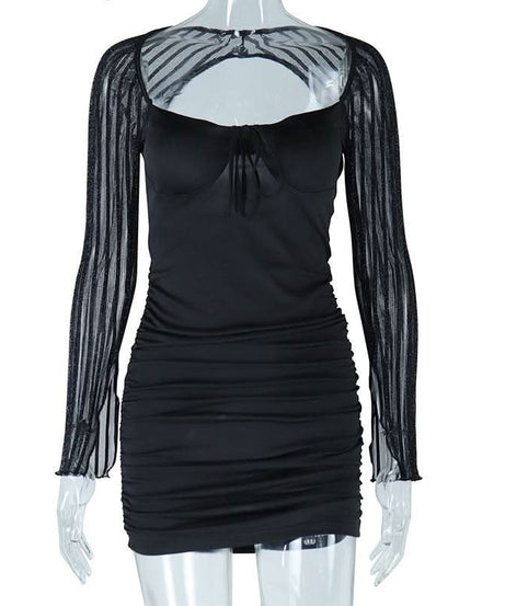 Sparkle & Slay: Black Ruched Mini Dress with Sheer Glitter Statement Sleeves