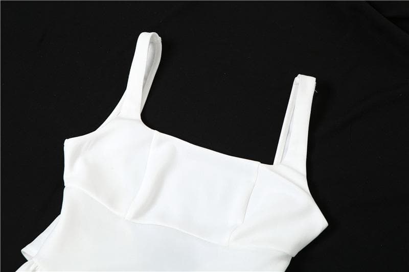 Chic White Square Neck Mini Dress - Ruched Side Tie & Backless Detail - Fall Party Ready