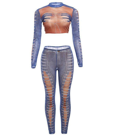 Slay the Season: Edgy Denim Illusion Ribcage Crop Top & Lace-Up Cutout Leggings Set – Fall Night Out & Halloween Ready